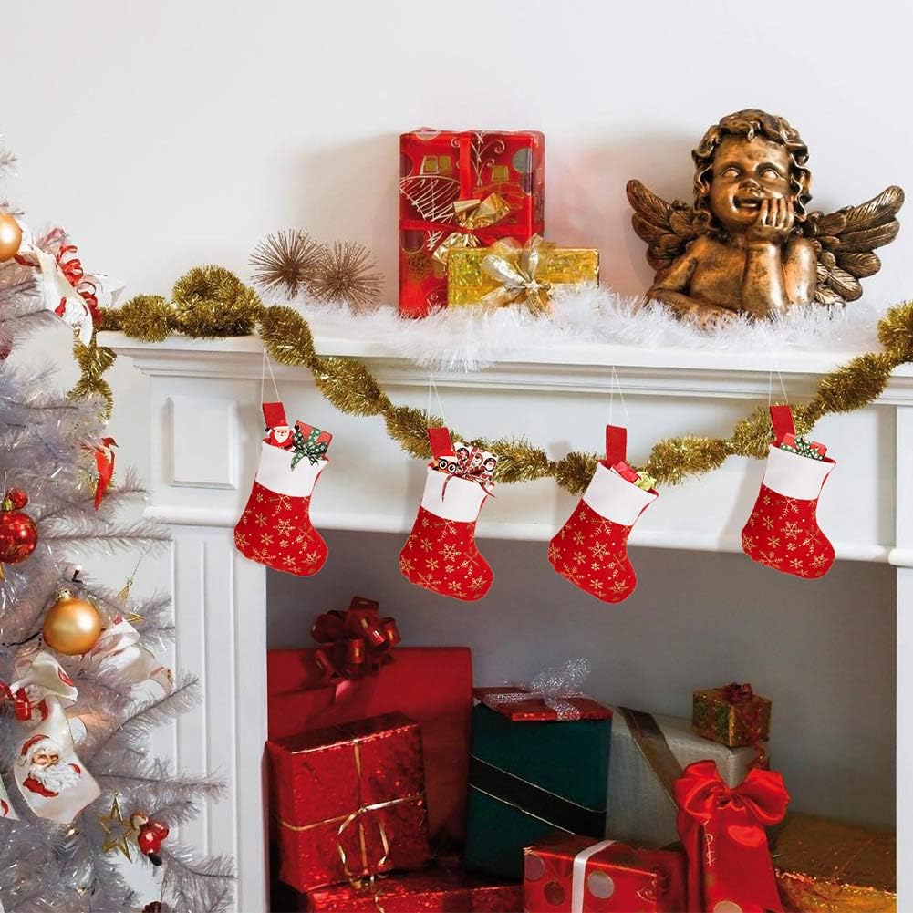 Christmas Stockings Decoration Snowflakes Stocking Red Fannel Faux Fur Xmas Stockings Decor Fireplace - Set of 24