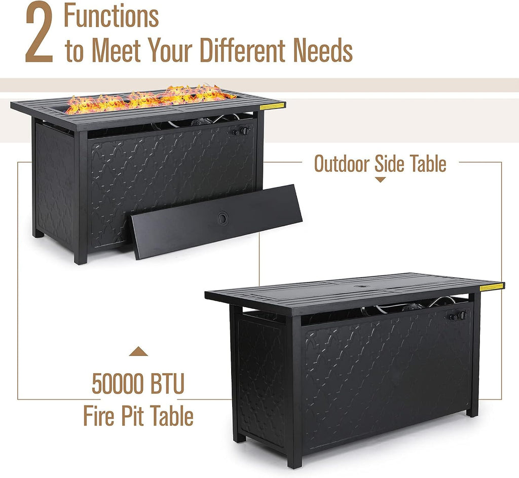 45 Inches Outdoor Rectangular Propane Fire Pit Table,Black | 50000 BTU Gas Iron Plate Embossing Fire Table with Lid