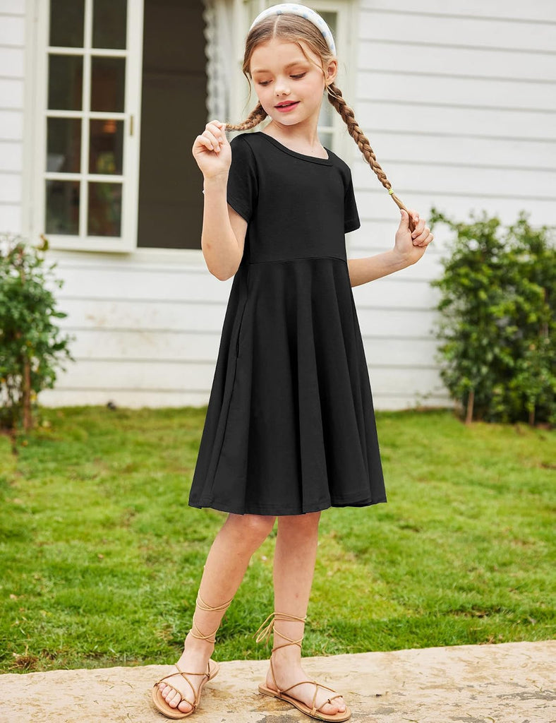 Girl's Summer Dresses Short Sleeve Casual Holiday Skater Twirl Dress with Pockets