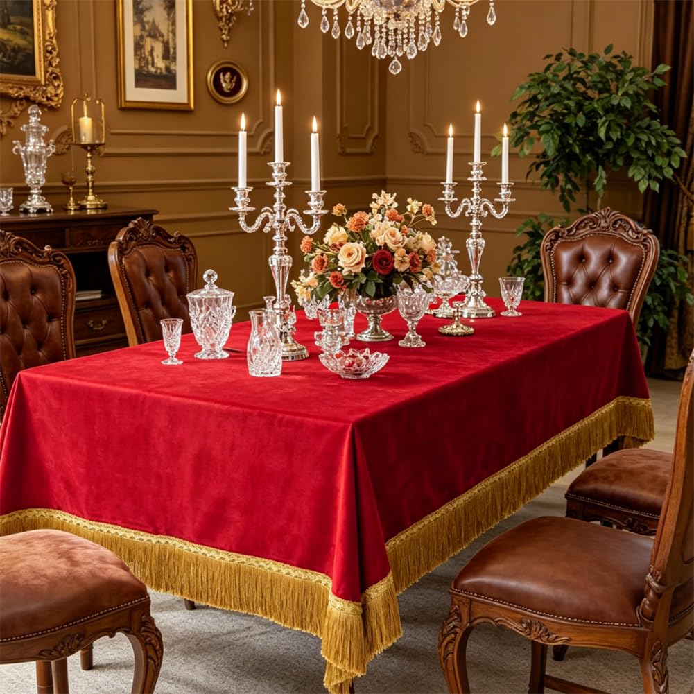 Rectangular Velvet Tablecloth, Vibrant Red Velvet with Luxurious Gold Tassel Fringe, Heavy‐Thick Table Cover for