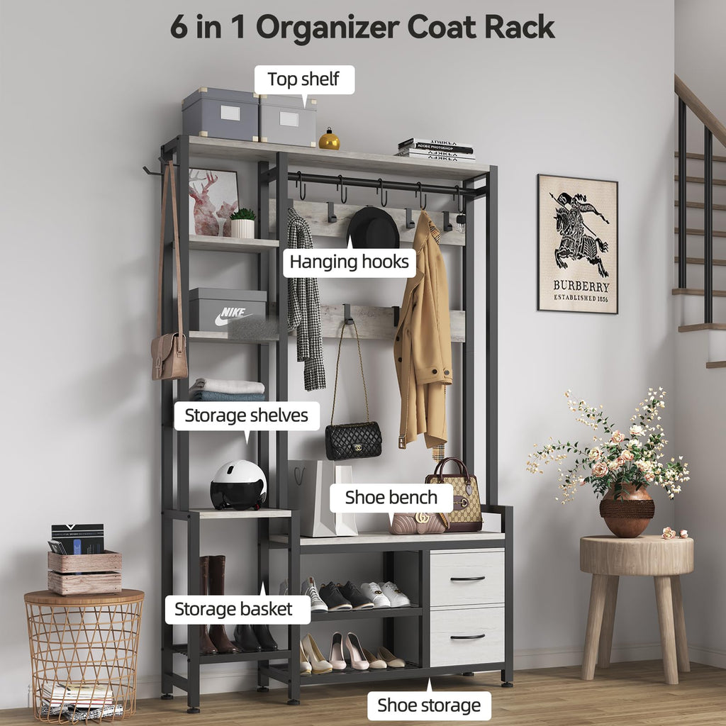 Hall Tree 43", Bench with Shoe Storage, Large Coat Rack Shoe Bench with 5 Tier Shelves, 5 in 1 Design Front Door Shoe