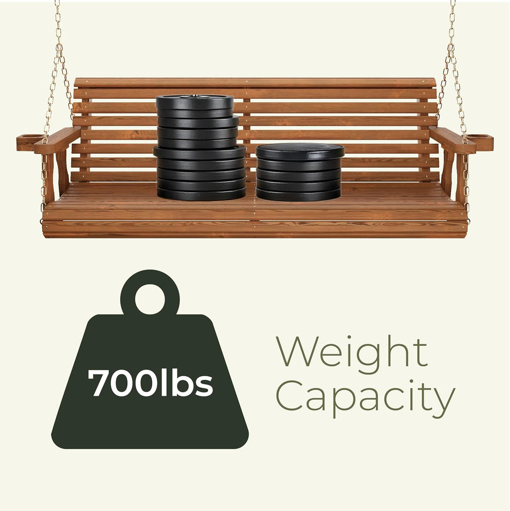 Casual Heavy Duty 700 Lb Capacity Porch Swing with Cup Holders (4 Foot, Semi-Solid Black Stain) - Wooden Outdoor Roll