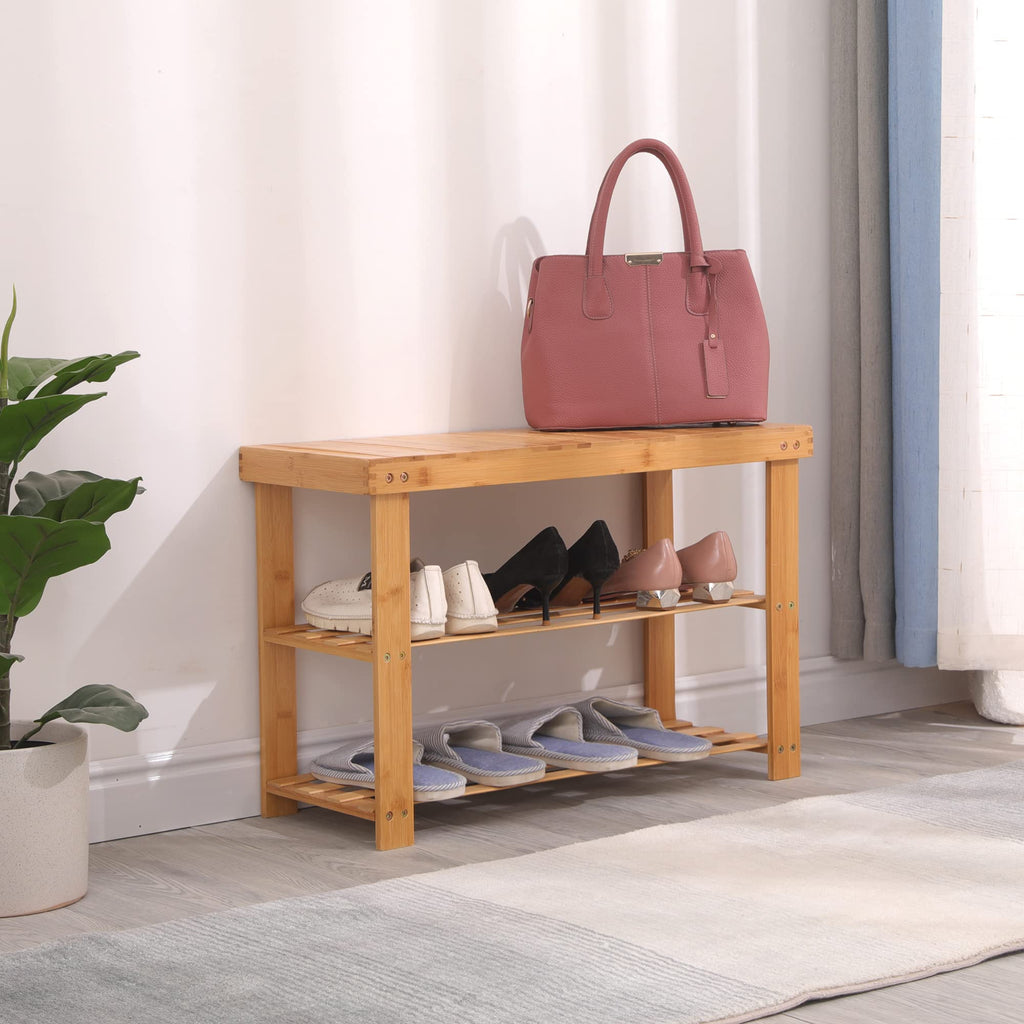 Shoe Rack Bench, 3-Tier Bamboo Shoe Organizer, Storage Shoe Shelf, Entryway Bench, Holds up to 300lbs
