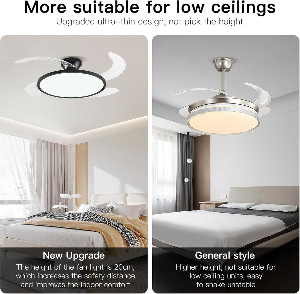 Retractable Ceiling Fan with Lights Remote Control,42'' Low Profile Ceiling Fan with Retractable Blades,Dimmable Full