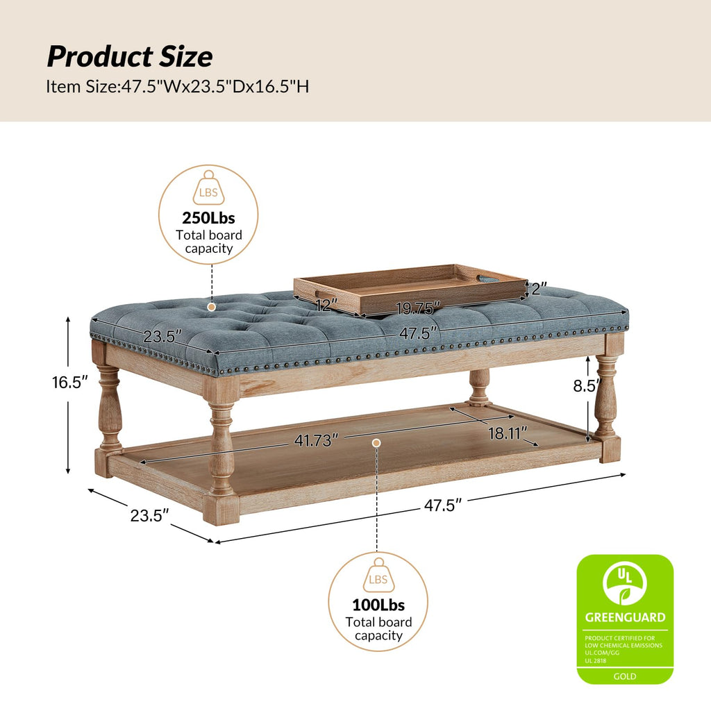 Storage Tufted Ottoman Coffee Table with Solid Wood Legs, Blue