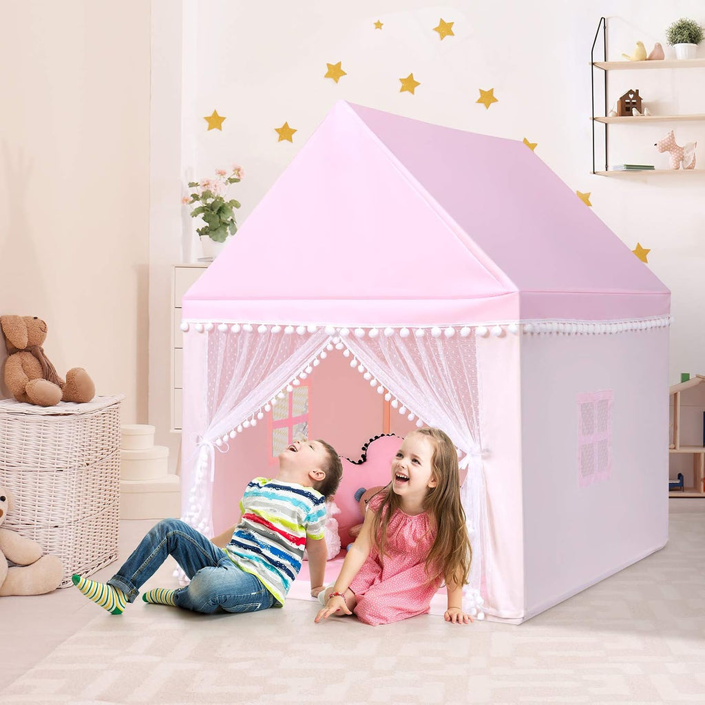 Kids Play Tent, Large Playhouse w/Washable Mat, Windows, Solid Wood Frame, Indoor Outdoor Princess Tent for Children
