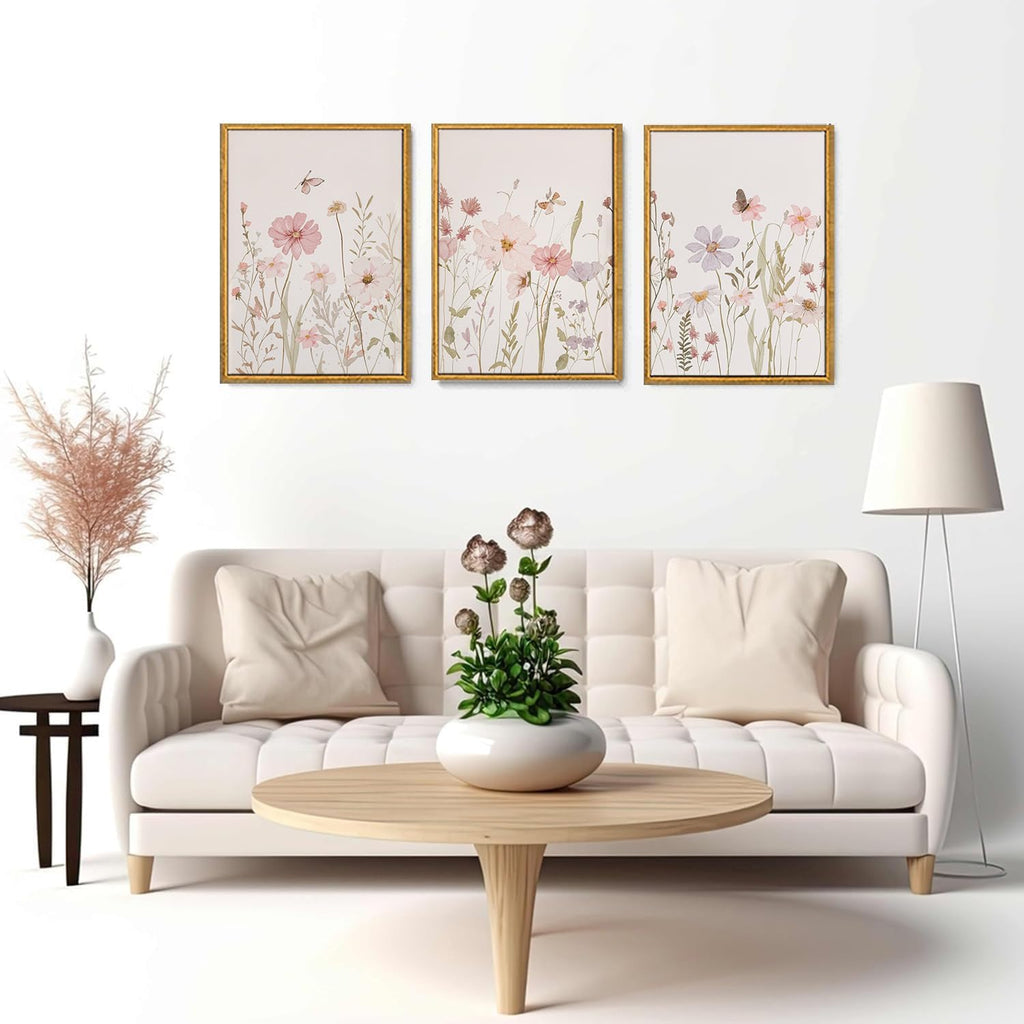 3 Piece Framed Wall Art Wildflower Wall Decor Botanical Canvas Art Floral Pictures Watercolor Paintings Pink Artwork