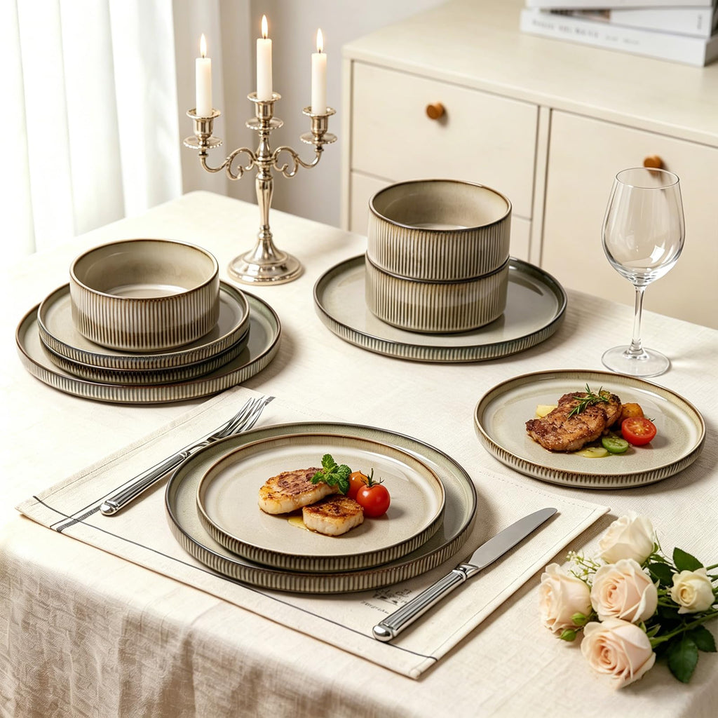 12PCS Ceramic Dinnerware Set for 4, Stoneware Plates and Bowls Sets