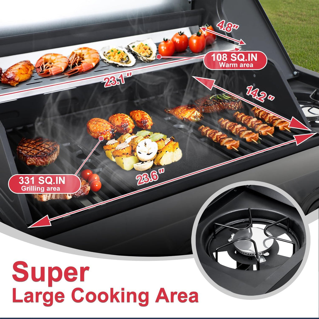 4-Burner Propane Gas Grill with Side Burner, 49,000 BTU BBQ Grill with Cast Iron Grates, Double-Layer Stainless Steel Lid and Grease Management System