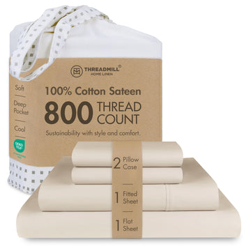 800TC Cotton Sheet Set, Sateen, Solid, Light Beige, 4-Piece