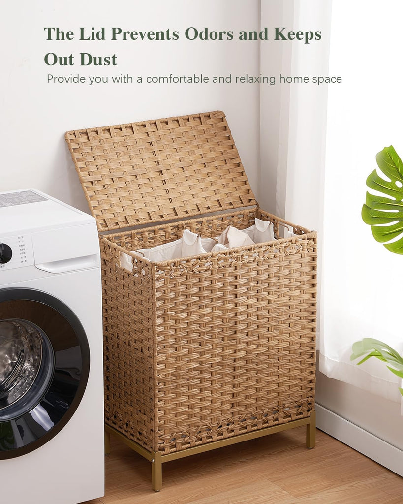 Laundry Hamper with Lid, 112 L Handwoven Rattan Wicker Laundry Basket, 2 Removable Liner Bags Metal Heightened Feet