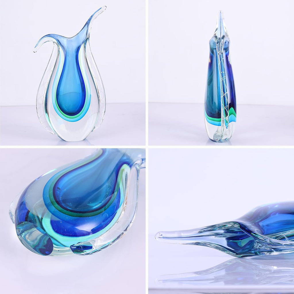 Blown Glass Blue vase, Unique Murano Style Glass Art Deco vase TV Stand, Table Setting, Office, Room and Desktop