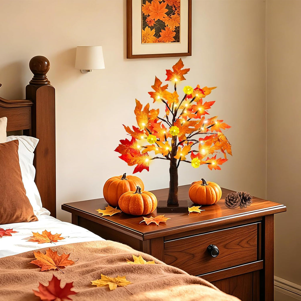 Prelit Fall Maple Tree with Pumpkin Lights Timer 24 Warm White LED 18 Inch