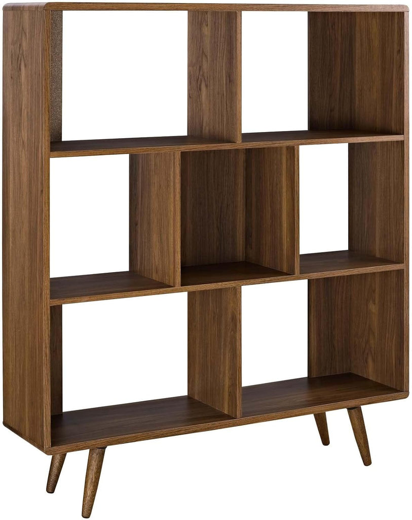 Mid-Century 7 Cubby Bookcase, Walnut Wood Grain Laminate, Particleboard, 52.5" H x 45" W x 11.5" D, Open Storage with