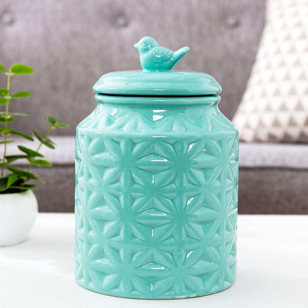 Turquoise Ceramic Cookie Jar with Lid, Embossed Star & Bird Design