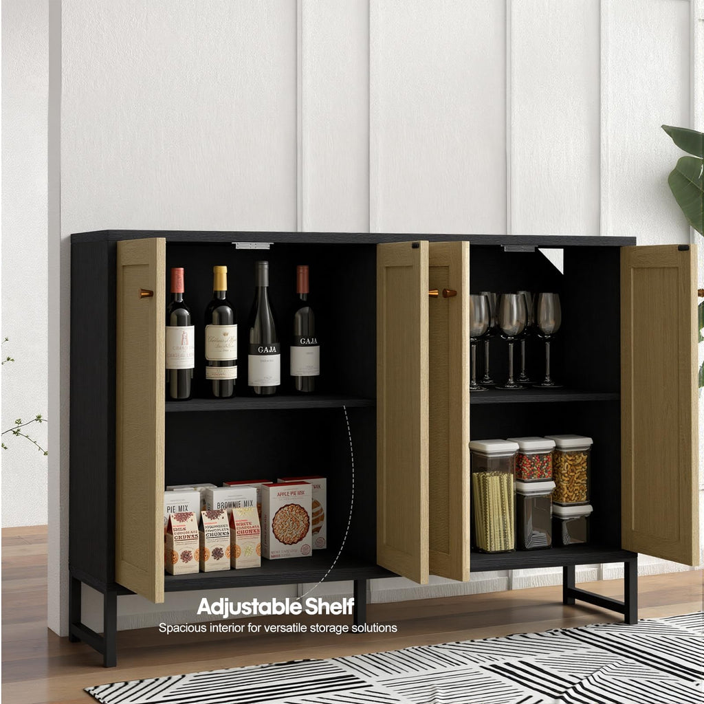 Sideboard Accent Storage Cabinet with Rattan Decorated 4 Doors Dining Room Freestanding Kitchen Buffet Table Cupboard