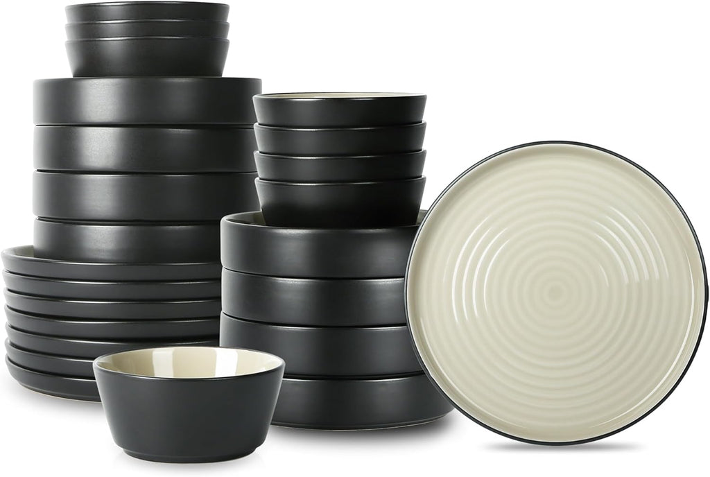 Elica 24-Piece Modern Dinnerware Set Stoneware, Plates and Bowl Sets for 8, Beige and Black