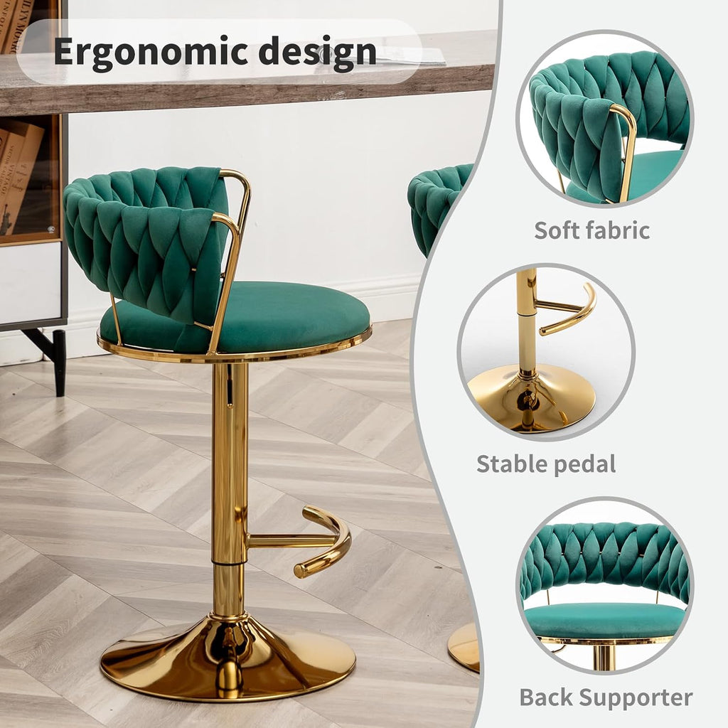Gold Bar Stools Set of 4, Counter Height Bar Stools with Low Back, Velvet Adjustable Height Barstools, 360° Swivel