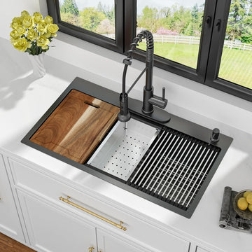 33 Black Drop Sink Workstation 33x19 Black Kitchen Sink | Workstation Drop Sink Black Stainless Steel Topmount 16