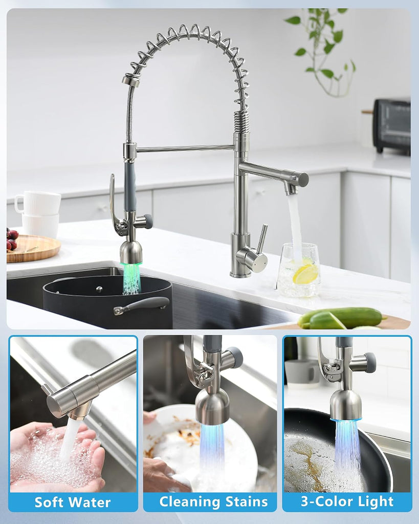 Commercial Pull Down Sprayer Brushed Nickel Kitchen Faucet | Single Handle Kitchen Sink Faucet with LED Light