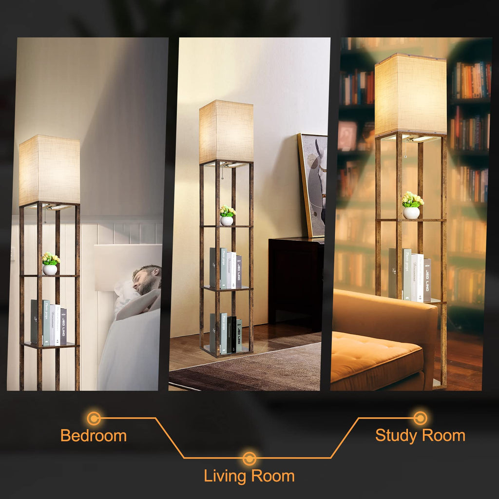 Floor Lamp with Shelves, Modern Shelf Lamp for Display Storage, 3 Color Temperature Wood Narrow Standing Corner Lamp