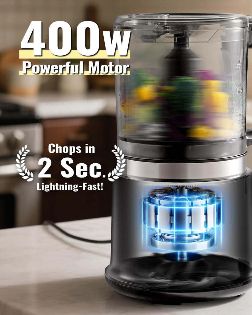 Chopper, 4 Cup Mini and Fast Food Processor, Electric Meat Grinder with 2 Speed, 4 Stainless Steel Blades, and Whisk