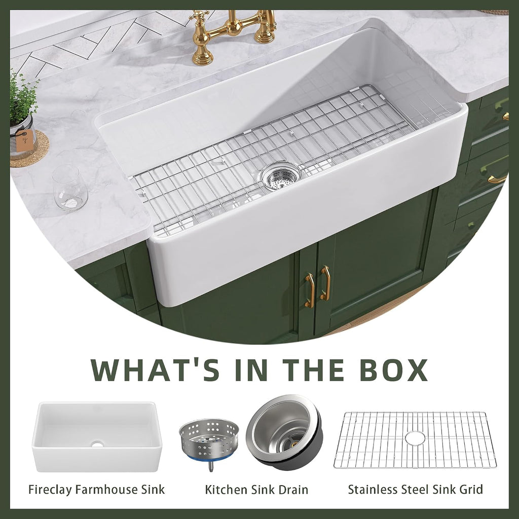 White Farmhouse Sink 33 inch Fireclay Apron Front Farm House Kitchen Sink Single Bowl Deep Drop In Undermount