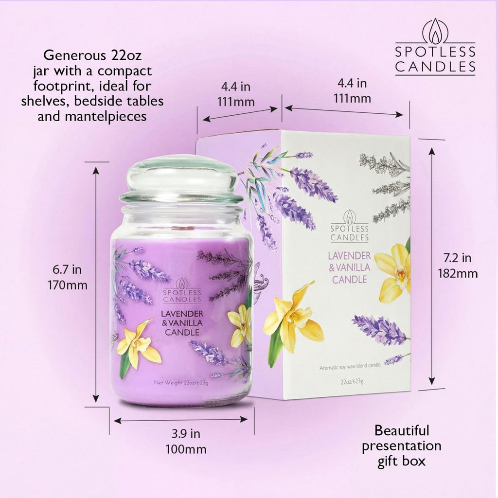 Vanilla & Lavender Candle 22oz Glass Jar with Wooden Wick in a Decorated Jar Within a Presentation Gift Box and