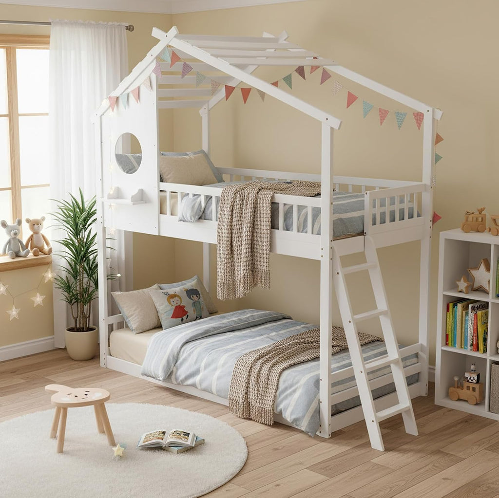 Wood Twin Over Twin House Bunk Bed, Loft Bed with Ladder, Safety Guardrail, Wooden Slats & Window
