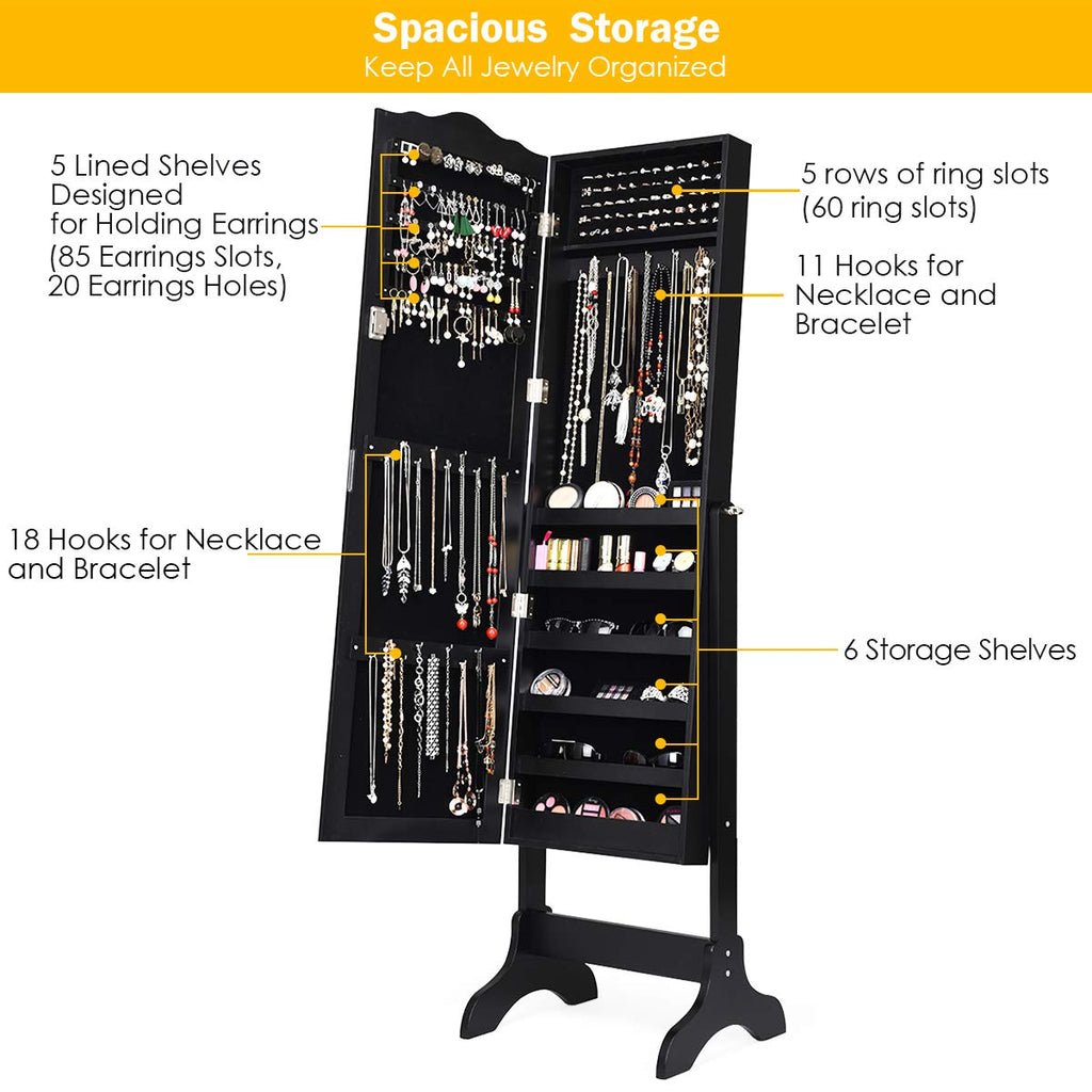 Standing Jewelry Cabinet Armoire with Full Length Mirror, Lockable