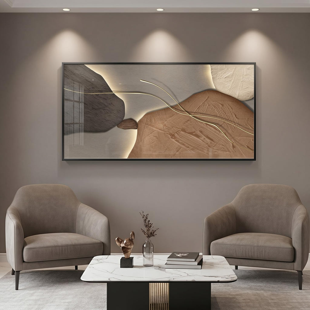 Horizontal Framed Abstract Brown Tan Wall Art, 56x28 Inch