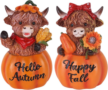 Fall Decorations, Resin Highland Cows Figurines for Fall Decor, Rustic Pumpkin Harvest Ornaments - Set of 2