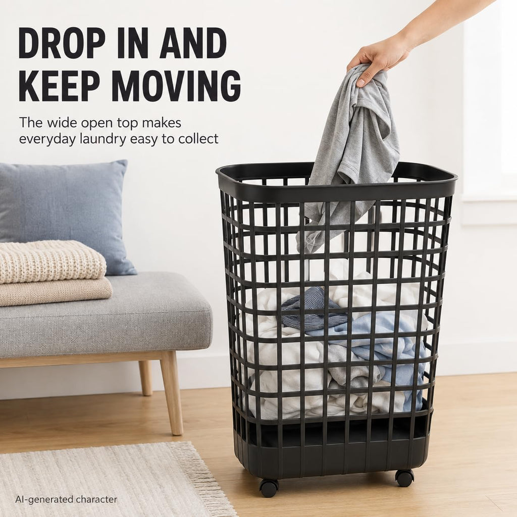 Black Rolling Laundry Hamper w/Casters, 2.6 Bushel Capacity