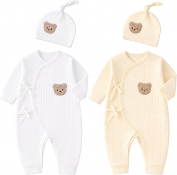 Pack 100% Cotton Baby Clothes Set - Side Kimono Romper with Hat, Essential Coming Home Outfit for Boy Girl