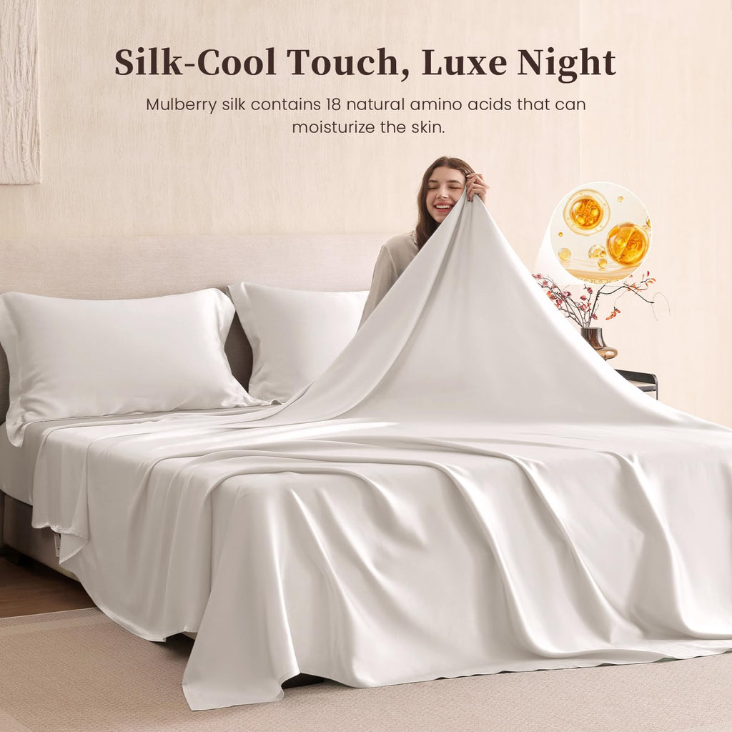 100% Pure 6A+ Mulberry Silk Sheet Set 4Pcs Queen Pearl White