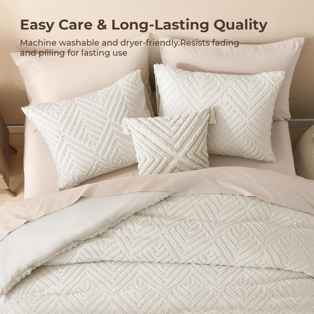 King Size Comforter Set, 3 Pieces Beige Tufted Boho Bedding Set