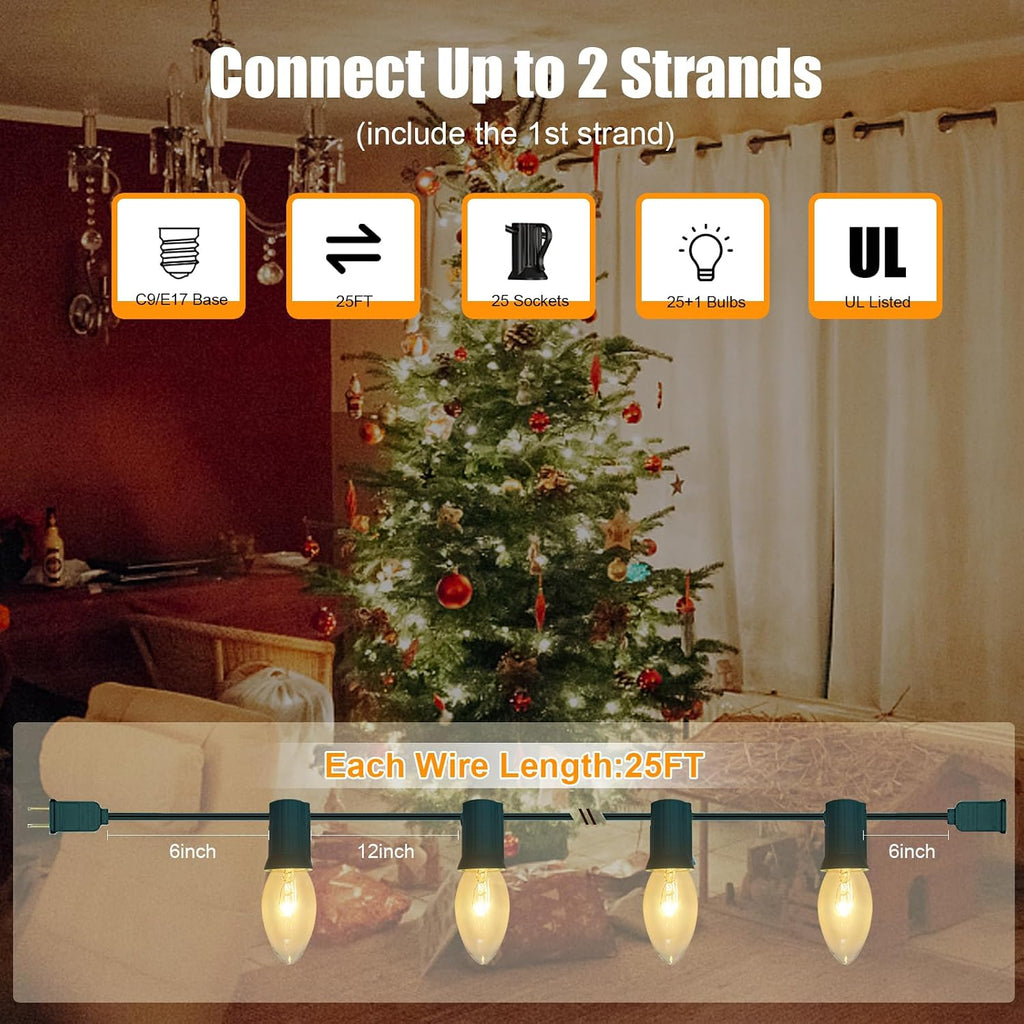 C9 Clear Christmas String Lights, 25Ft Outdoor Christmas Lights with 26 Warm White Bulbs, Hanging Roofline String