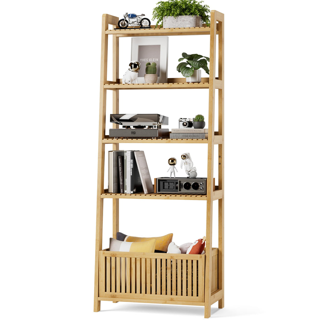 Bamboo Ladder Shelf, Bookshelf with 4 Display Shelves and 1 Open Storage Basket, Multifunctional Storage Rack