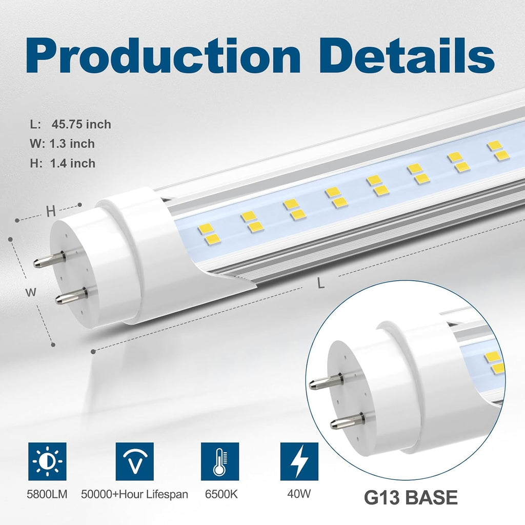 T8 Led Bulbs 4 Foot, 6500K 40W 5800LM Super Bright Type B