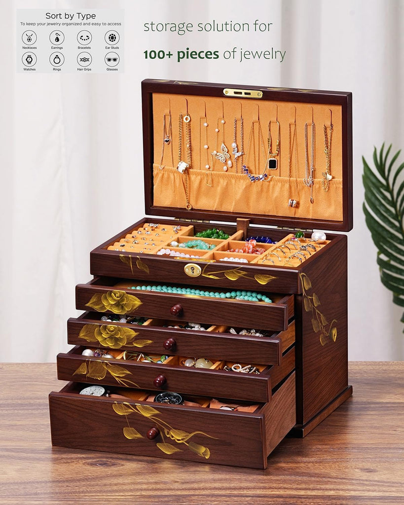 Painted Wooden Jewelry Box for Women, 6-Layer Vintage Organizer with Lock