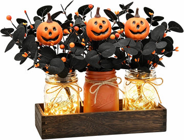 Lighted Halloween Table Centerpiece, Pumpkin Mason Jar Decorations - Set of 9