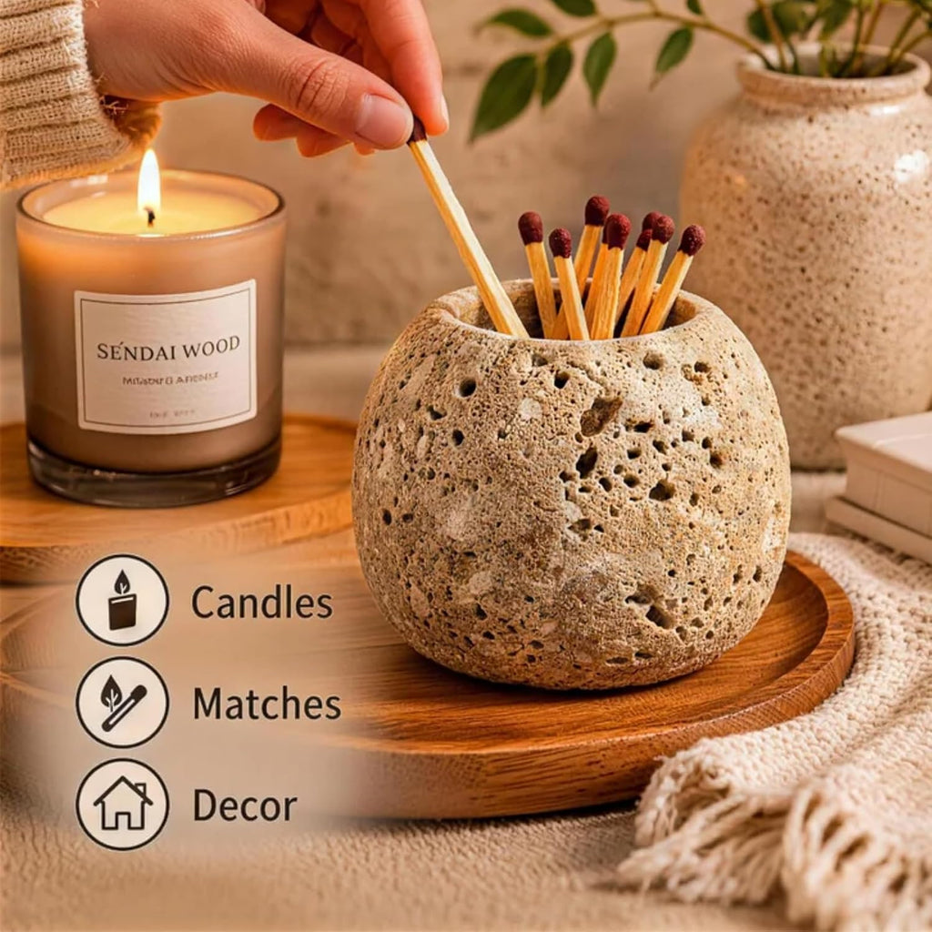 Match Holder, Matches Holder, Travertine Stone Striker Jar, Decorative Fireplace & Home Decor Accessory