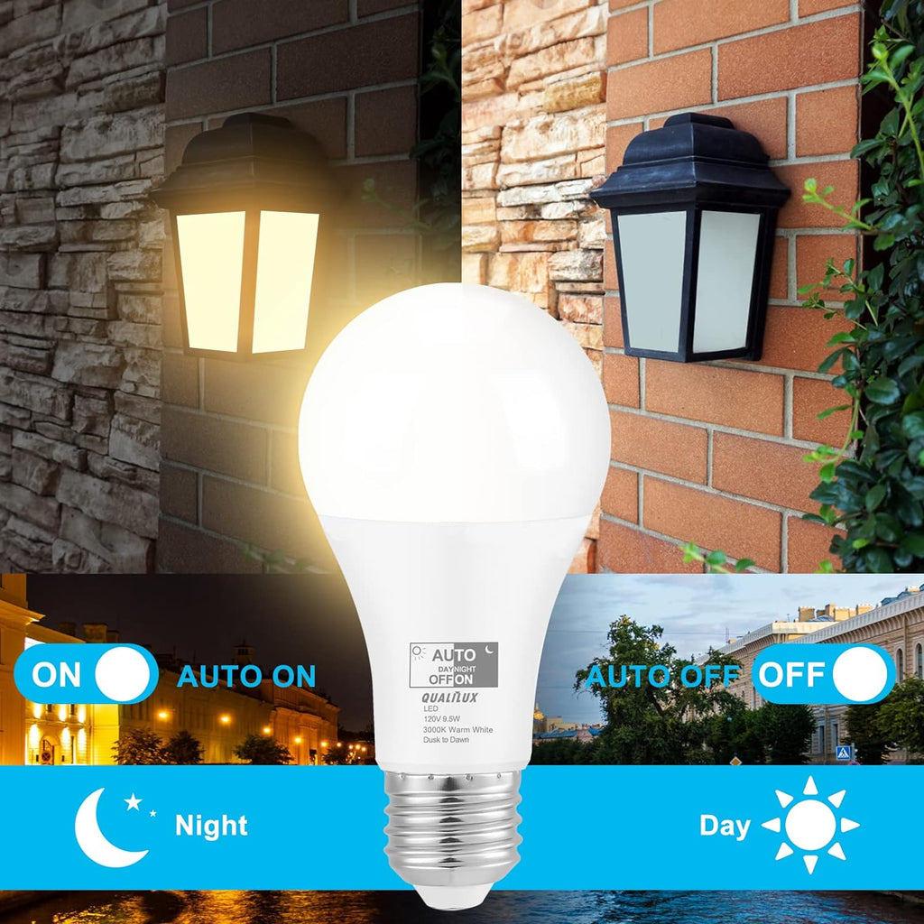Dusk to Dawn A19 LED Light Bulbs Outdoor, Automatic On/Off, 60W Equivalent, Warm White 3000K, Energy Efficient 9.5W