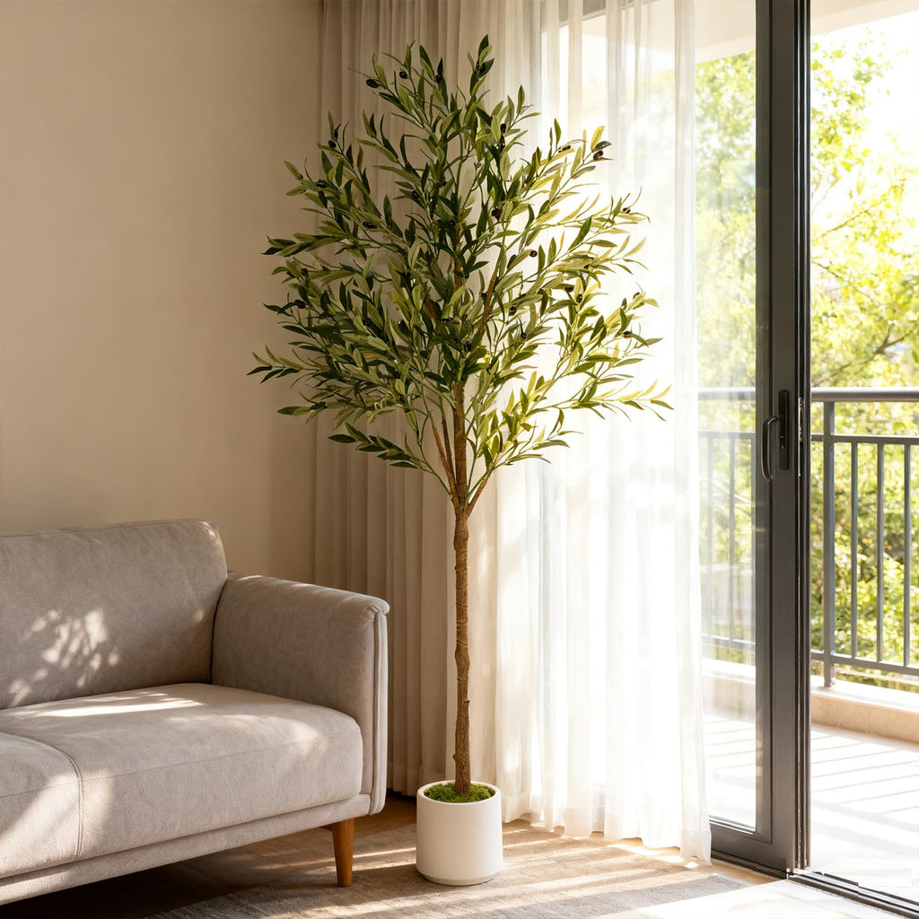 Artificial Olive Tree - Tall Indoor Faux Olive Tree with Planter & Basket, Realistc Fake Olive Tree with Fruits Decor