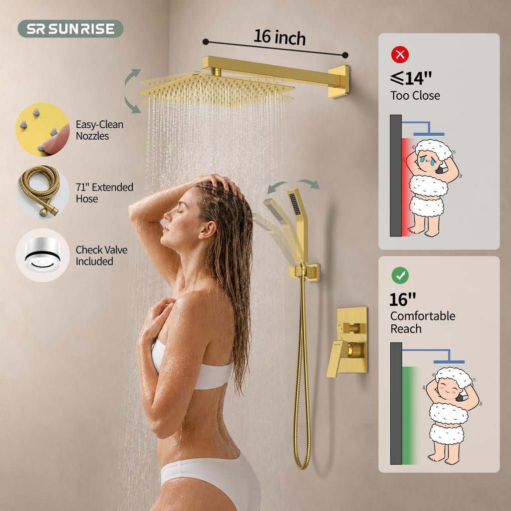 Shower Faucet Set 10-Inch Rainfall Shower Head Brushed Gold