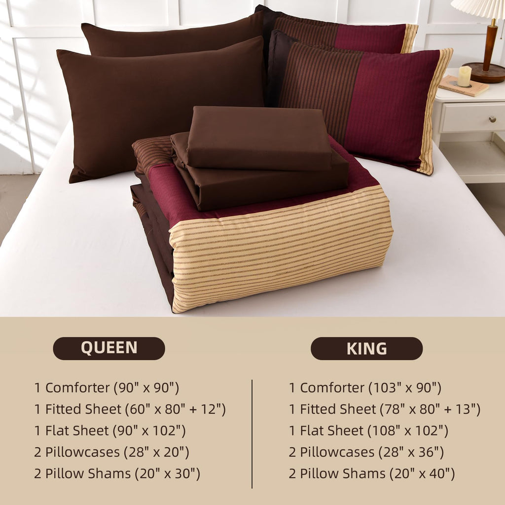 Red and Brown Comforter Set, Boho Burgundy Striped Bedding Comforter Set 7 Piece Bed in a Bag, Soft