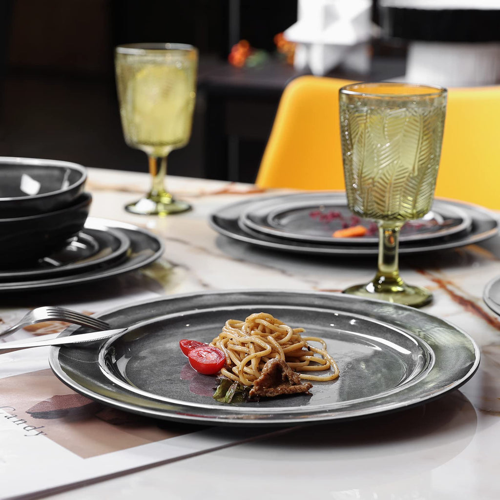 Black Melamine Dinnerware Set for 4,12Pcs Dish Set for Indoor & Outdoor Use