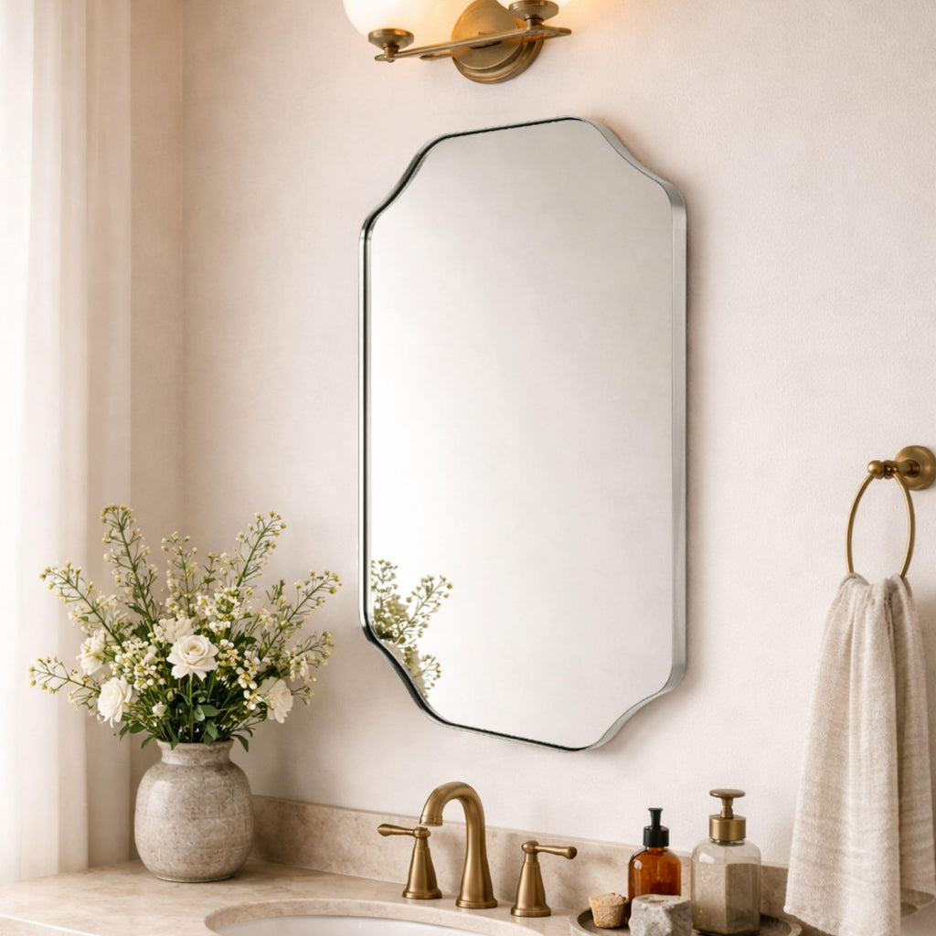 Brushed Nickel Scalloped Bathroom Vanity Mirror 20x30'' Decorative Silver Metal Framed Asymmetrical Bathroom Mirror