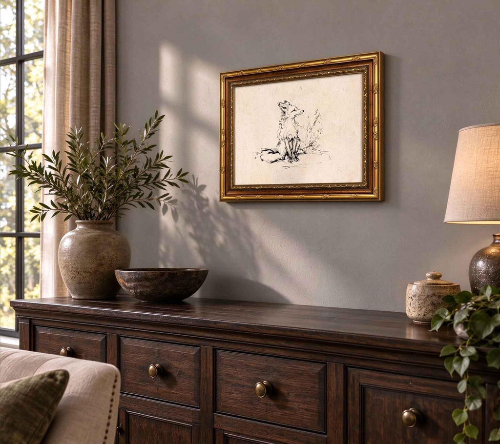 Vintage Fox Canvas Wall Art, Gold Framed Fox Sketch Print