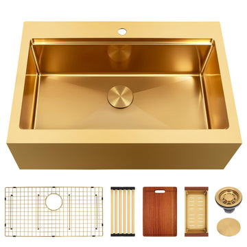30 Inch Farmhouse Sink, Gold Single Bowl Apron Front Sink 30''x22''